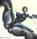 1girl abara-art atomic_heart big_breasts bubble_butt cleavage horny inviting_to_sex left_(atomic_heart) looking_at_viewer pose robot robot_girl spread_legs standing teasing the_twins_(atomic_heart) thick_thighs 