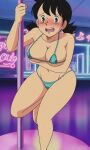 1girl aged_up ai-generated ai_assisted ai_generated arms_behind_head ashita_no_joe black_hair blush breasts completely_nude_female embarrassed exhibitionism female_focus green_eyes micro_bikini navel nightclub okanekudasai pole_dancing sachi_(ashita_no_joe) standing_on_one_leg twin_tails younger_female