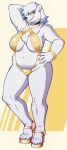 1girl bear big_ass big_breasts bikini blue_hair chubby glasses gold_bikini gold_jewelry golden_bikini necklace platform_shoes polar_bear posing roaringlycan roaringlycanart seductive sexy short_hair sling_bikini smile thick thick_ass thick_legs ursine white_hair white_skin
