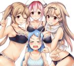 >_< 4girls ;p black_bra black_panties blue_bra blue_hair blush bra breast_envy breast_press breast_rest breasts brown_hair cleavage from_side grin hair_ornament hairclip haregama_shiina harusame_(kantai_collection) hat index_finger_raised kantai_collection large_breasts long_hair looking_at_viewer medium_breasts multiple_girls murasame_(kantai_collection) one_eye_closed panties pink_hair polka_dot polka_dot_bra samidare_(kantai_collection) scarf simple_background small_breasts smile tears tongue tongue_out twintails underwear v white_background white_scarf yuudachi_(kantai_collection)