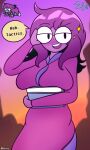 1girl 2026 big_breasts black_eyes blush book breasts clothed clothed_female clothing color deltarune deltarune_chapter_5 dialogue dress_shirt english_text female_focus female_only glasses high_res holding_book looking_at_viewer nerd nerdy_female open_eyes open_mouth open_smile outside purple_body purple_hair purple_skin seth_(deltarune) shirt smile spunow_ squished_breasts standing talking_to_viewer text undertale_(series)
