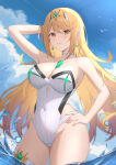 1girl absurd_res alluring big_breasts blonde_hair high_res long_hair mythra_(radiant_beach)_(xenoblade) mythra_(xenoblade) nixo_(gugunico) one-piece_bikini swept_bangs swimsuit tiara xenoblade_(series) xenoblade_chronicles_2 yellow_eyes