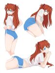 1girl 1girl ass asuka_langley_souryuu blue_eyes brown_hair clothed clothed_female clothing looking_at_viewer looking_back multiple_views neon_genesis_evangelion shorts simple_background solo_female