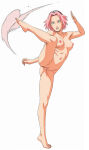  action_pose barefoot completely_nude dynamic_pose kicking manga_style naruto naruto_shippuden pink_hair sakura_haruno simple_background soles tagme white_background 