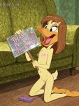 1girl absurd_res ai-generated ass avian avian_humanoid barefoot belly black_eyes breaking_the_fourth_wall brown_eyeshadow brown_hair cartoon_network cleft_of_venus cub duck_girl edit female_focus female_only female_solo flat_chest fourth_wall high_res holding_sign indoors kneel living_room looking_at_viewer manofculture mobians.ai navel nipples nude open_mouth pussy remote_control_vibrator self_upload simple_background tail thank_you the_looney_tunes_show tina_russo tongue tongue_out two-tone_fur vibrator vibrator_in_pussy younger_female