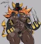  1girl abs arc_system_works big_breasts blazblue breasts breasts_bigger_than_head breasts_out buff_female cat_ears catgirl dark-skinned_female dark_skin fecharis feline hoodie kaka_(blazblue) mask masked masked_female muscular muscular_female pubic_hair pussy_hair red_eyes sharp_teeth sweaty torakaka wink xxxtrasaucy 