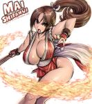 1girl amania_orz blush breasts brown_eyes brown_hair center_opening cleavage closed_fan collarbone fan fire folding_fan hair_ornament huge_breasts japanese_clothes king_of_fighters long_hair mai_shiranui ninja open_mouth pelvic_curtain ponytail revealing_clothes shiny shiny_skin shiranui_mai sideboob simple_background thighs