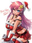 1girl ;p amania_orz bare_shoulders bell bell_earrings belt big_breasts blue_eyes breasts buckle choker christmas cleavage collarbone crop_top dated earrings fur-trimmed_gloves fur-trimmed_legwear fur_trim gloves gundam gundam_seed gundam_seed_destiny hair_ornament hat jewelry long_hair meer_campbell merry_christmas one_eye_closed pink_hair red_clothes red_gloves red_legwear red_skirt sack santa_costume santa_gloves santa_hat shiny shiny_hair sidelocks skirt star star_hair_ornament stockings strap_slip tongue tongue_out twitter_username white_background