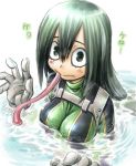 10s 1girl :> amania_orz asui_tsuyu black_eyes blush bodysuit boku_no_hero_academia breasts gloves green_hair impossible_clothes long_tongue looking_at_viewer my_hero_academia partially_submerged shiny shiny_hair sidelocks skin_tight swimming tongue tongue_out tsuyu_asui water