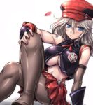 10s 1girl alisa_ilinichina_amiella amania_orz bare_shoulders blue_eyes blush breasts elbow_gloves fingerless_gloves full_body gloves god_eater hat huge_breasts legs_crossed long_hair looking_at_viewer navel pantyhose silver_hair simple_background skirt suspender_skirt suspenders under_boob white_background