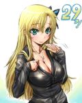 10s 1girl amania_orz big_breasts blonde_hair blush boku_wa_tomodachi_ga_sukunai breasts butterfly_hair_ornament cleavage gradient_background green_eyes haganai hair_ornament jewelry kashiwazaki_sena long_hair long_sleeves necklace shirt sleeves_past_wrists solo striped striped_shirt sweat sweatdrop upper_body