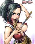  10s 1girl amania_orz big_breasts black_hair blue_eyes blush boku_no_hero_academia breasts center_opening character_name cleavage gradient_background long_hair looking_at_viewer momo_yaoyorozu my_hero_academia navel parted_lips pinky_out ponytail shiny shiny_hair skirt sword triangle_mouth weapon yaoyorozu_momo 