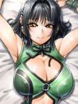 1girl :> amania_orz arm_up armpits bare_shoulders bed big_breasts black_hair blush breasts cleavage cleavage_cutout hair_ornament katia_grineal looking_at_viewer lying on_back short_hair smile super_robot_wars super_robot_wars_judgement super_robot_wars_og_moon_dwellers super_robot_wars_original_generation yellow_eyes