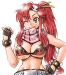  00s 1girl amania_orz big_breasts bikini_top breasts cleavage eyebrows fingerless_gloves gloves long_hair navel one_eye_closed ponytail red_hair scarf shiny shiny_skin smile tengen_toppa_gurren-lagann underboob upper_body white_background yoko_littner 