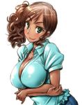 1girl amania_orz big_breasts bikini black_hair breasts brown_hair carolina_(crayon_shin_chan) cleavage crayon_shin-chan crossed_arms curly_hair dark-skinned_female dark_skin green_eyes looking_at_viewer shiny shiny_clothes shiny_skin shirt side-tie_bikini smile tan white_background