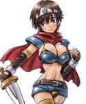  1girl 1girl amania_orz armor big_breasts bikini_armor breasts brown_hair cape circlet dragon_quest dragon_quest_iii elbow_gloves embarrassed frown gloves heroine_(dq3) miniskirt roto shiny shiny_skin short_hair shoulder_pads skirt sword weapon white_background zettai_ryouiki 