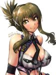 1girl amania_orz banpresto bare_shoulders big_breasts breasts cleavage cleavage_cutout folded_ponytail green_hair kisaragi_chitose long_hair looking_at_viewer midriff navel neck_tie skindentation smile super_robot_wars super_robot_wars_v white_background yellow_eyes