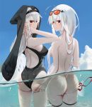 1girl 1girl 2_girls arknights ass ass_grab bangs bare_shoulders big_breasts black_swimsuit blush breasts eyewear_on_head groping habit hair_between_eyes hair_ornament high_resolution long_hair looking_at_viewer multiple_girls nude nun omone_hokoma_agm partially_submerged red_eyes silver_hair skadi_(arknights) smile specter_(arknights) sunglasses swimsuit thigh_strap thighs tinted_eyewear very_high_resolution very_long_hair wading whale_hair_ornament