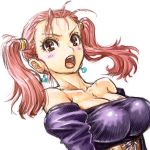 1girl amania_orz bare_shoulders big_breasts blush breasts cleavage dragon_quest dragon_quest_viii earrings jessica_albert long_hair looking_at_viewer open_mouth twin_tails upper_body white_background