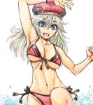  10s 1girl alisa_ilinichina_amiella amania_orz big_breasts bikini blue_eyes blush breasts cabbie_hat cleavage god_eater god_eater_burst hat long_hair looking_at_viewer open_mouth panties red_panties silver_hair simple_background smile swimsuit under_boob underwear water wet white_background 