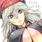 10s 1girl 1girl alisa_ilinichina_amiella amania_orz big_breasts blue_eyes blush breasts god_eater god_eater_burst image_sample long_hair looking_at_viewer no_bra silver_hair simple_background sweat under_boob white_background