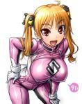 10s 1girl amania_orz bakuon!! bell bent_over big_breasts biker_clothes bikesuit blonde_hair bodysuit breasts erect_nipples hair_bell hair_ornament looking_at_viewer open_mouth pink_bodysuit pink_clothes shiny shiny_clothes suzunoki_rin twin_tails white_background