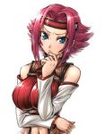  1girl amania_orz arm_under_breasts bare_shoulders big_breasts blue_eyes breast_press breasts code_geass detached_sleeves headband kallen_stadtfeld looking_at_viewer midriff navel red_hair shiny shiny_clothes short_hair sleeveless sleeveless_turtleneck turtleneck white_background 