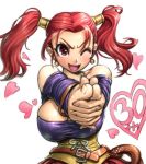 1girl amania_orz anniversary bare_shoulders breasts cleavage corset dragon_quest dragon_quest_viii huge_breasts jessica_albert one_eye_closed open_mouth pointing purple_shirt red_hair shirt smile twin_tails white_background