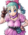 1girl 80s amania_orz big_breasts blue_eyes blue_hair bra_strap braid breasts bulma dragon_ball hand_on_hip long_hair looking_at_viewer oldschool ponytail ribbon shiny shiny_clothes v white_background