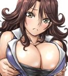  00s 1girl amania_orz bare_shoulders big_breasts breast_lift breasts brown_eyes brown_hair bursting_breasts cleavage frown gundam gundam_00 long_hair shiny shiny_skin sumeragi_lee_noriega white_background 