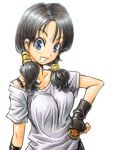  1girl 90s amania_orz big_breasts black_hair blue_eyes bra_strap breasts dragon_ball dragon_ball_z fingerless_gloves long_hair looking_at_viewer open_mouth shiny shiny_skin shirt twin_tails upper_body videl white_background white_shirt 