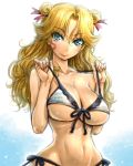 1girl amania_orz big_breasts bikini bikini_pull blonde_hair breasts cleavage double_bun front-tie_bikini front-tie_top gradient_background leona_garstein long_hair looking_at_viewer micro_bikini navel shiny shiny_skin side-tie_bikini smile super_robot_wars super_robot_wars_original_generation sweat swimsuit underboob wide_hips