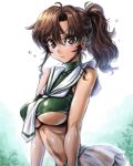 1girl amania_orz bare_shoulders big_breasts bishoujo_senshi_sailor_moon breasts brown_eyes brown_hair crop_top gradient_background kino_makoto long_hair looking_at_viewer makoto_kino midriff miniskirt navel ponytail sailor_jupiter shiny shiny_skin skirt turtleneck underboob upper_body