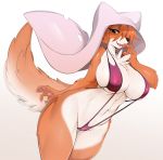 1girl 2017 anthro big_breasts big_tail bikini breasts canine cheek_tuft chest_tuft claws clothed clothing disney elbow_tufts finger_in_mouth fox fur hair hair_over_eye hood looking_at_viewer maid_marian mammal multicolored_fur navel pawpads portrait robin_hood_(disney) simple_background skimpy sling_bikini slugbox smile sweat swimsuit three-quarter_portrait tuft two_tone_fur voluptuous white_background wide_hips