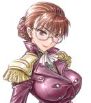  1girl amania_orz bangs big_breasts breasts brown_eyes brown_hair epaulettes eyebrows glasses gundam gundam_wing hair_bun lady_une looking_at_viewer simple_background smile uniform upper_body white_background 