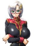 1girl amania_orz big_breasts breast_rest breasts character_request crossed_arms dated error glasses green_eyes gundam huge_breasts light_frown long_sleeves looking_at_viewer military military_uniform pinky_out pursed_lips red-framed_eyewear semi-rimless_glasses shiny shiny_clothes shiny_hair short_hair silver_hair simple_background twitter_username under-rim_glasses uniform upper_body white_background zeta_gundam