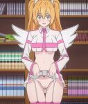  2.5_jigen_no_ririsa amano_ririsa angel_wings blonde_hair blue_eyes cosplay lifted_by_self lifted_skirt long_hair nekom14 no_panties pussy screencap twin_tails white_thighhighs wing_hair_ornament 