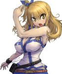 >:o 1girl :o amania_orz armpits bare_shoulders belt_pouch big_breasts blonde_hair blue_ribbon blush bracelet breasts cleavage earrings fairy_tail hair_between_eyes hair_ribbon heart heart_earrings jewelry key long_hair looking_at_viewer lucy_heartfilia one_side_up open_mouth ribbon sidelocks upper_body vest white_background yellow_eyes zipper