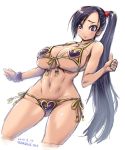 1girl amania_orz bare_shoulders big_breasts bikini blush breasts cleavage collarbone dated dragon_quest dragon_quest_xi front-tie_bikini front-tie_top hips long_hair looking_at_viewer martina_(dq11) navel parted_lips ponytail shiny shiny_skin side-tie_bikini side-tie_bottom simple_background text thighs twitter_username under_boob very_long_hair white_background