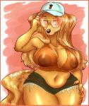  1girl 2017 absurd_res amber_eyes anthro big_breasts bralette breasts canine clothed clothing dog dogmom_(cherrikissu) eyebrows eyewear fur furry hair hat high_res long_hair looking_at_viewer mabel_(cherrikissu) mammal maplepudding_(artist) mature_female midriff navel original saluki signature simple_background skimpy slightly_chubby sunglasses thick_thighs voluptuous yellow_fur 