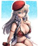 10s 1girl alisa_ilinichina_amiella amania_orz artist_name beret big_breasts bikini blue_eyes blush breasts cleavage dated gloves god_eater god_eater_burst hand_on_chest hat jacket jewelry long_hair looking_at_viewer navel open_clothes open_jacket open_mouth red_bikini ring shiny shiny_skin silver_hair simple_background sleeveless swimsuit twitter_username