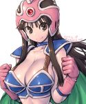 1girl amania_orz armor big_breasts bikini_armor black_hair breasts brown_eyes cape chichi choker cleavage collarbone dated dragon_ball elbow_gloves gloves helmet long_hair looking_at_viewer pauldrons pink_gloves shiny shiny_hair sidelocks smile twitter_username upper_body white_background