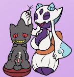 1girl 2017 banette big_breasts blush body_zipper bondage bound breasts clothing digital_media_(artwork) duo froslass ghost humanoid male mouth_zipper mr.under nintendo not_furry nude open_mouth penis pokemon red_eyes sex_toy simple_background smile spirit vibrator video_games zipper