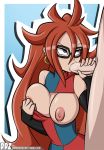 1boy 1girl android_21 areola big_breasts blue_eyes breast_press breasts breasts_outside brown_hair cleavage_cutout clothed_female_nude_male dankodeadzone dragon_ball dragon_ball_fighterz earrings elbow_gloves fingerless_gloves glasses handjob long_hair looking_up nipples oral penis saliva simple_background solo_focus son_goku uncensored