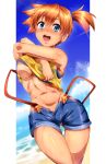  1girl areola_slip areolae barefoot bikini blush cloud female female_only looking_at_viewer misty nintendo open_mouth orange_hair pokemon running shiny shiny_skin shirt_lift shoes side_ponytail sky smile solo swimsuit talking thigh_gap umakatsuhai underboob undressing water wet wide_hips 