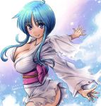 1girl amania_orz bare_legs big_breasts blue_background blue_eyes blue_hair blush breasts cleavage closed_mouth cowboy_shot dated eyelashes gradient gradient_background happy japanese_clothes jigoku_sensei_nube kimono long_hair looking_at_viewer nail_polish no_bra no_panties obi ribbon sash shiny shiny_skin short_hair_with_long_locks short_kimono sidelocks smile torn_clothes wide_sleeves yukime_(jigoku_sensei_nube)