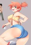 1boy 1girl ass bare_shoulders breasts denim denim_shorts green_eyes highres kasumi_(pokemon) kippuru medium_breasts midriff misty open_mouth orange_hair poke_ball pokemon pokemon_(anime) pokemon_sm_(anime) short_hair shorts side_ponytail smile suspenders sweat takeshi_(pokemon) underboob