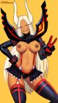 1girl 1girl 1girl :q animal_ears big_breasts black_legwear black_skirt breasts bunny_ears clothing cosplay dark-skinned_female dark_skin exposed_breasts functionally_nude gloves hand_on_hip high_resolution kamui_(kill_la_kill) kill_la_kill koshio legwear long_hair looking_at_viewer matoi_ryuuko matoi_ryuuko_(cosplay) miniskirt mirko my_hero_academia navel nipples red_eyes senketsu senketsu_(cosplay) simple_background skirt standing stockings suspenders teeth thighs tongue tongue_out under_boob usagiyama_rumi v very_long_hair white_hair yellow_background