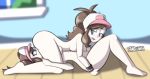  2_girls 2girls 69 69_position ass_grab blue_eyes breast_press breasts brown_hair cunnilingus female/female female_only looking_back lying mei_(pokemon) on_back open_mouth pokemon pussylicking saliva saliva_trail sandunky touko_(pokemon) yuri 