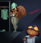 1boy 1girl agent_penny anthro areola barefoot big_thighs black_eyes blood bra breasts brown_fur brown_hair buckteeth cap caught cleavage clothed clothing coat duo english_text female fluffy_tail fur furry hair hanna-barbera hat legwear long_tail male mammal nipple_slip nosebleed pantyhose penny_squirrel rodent secret_squirrel secret_squirrel_show short_hair simple_background squirrel teeth text thingshappen toony underwear undressing yellow_sclera